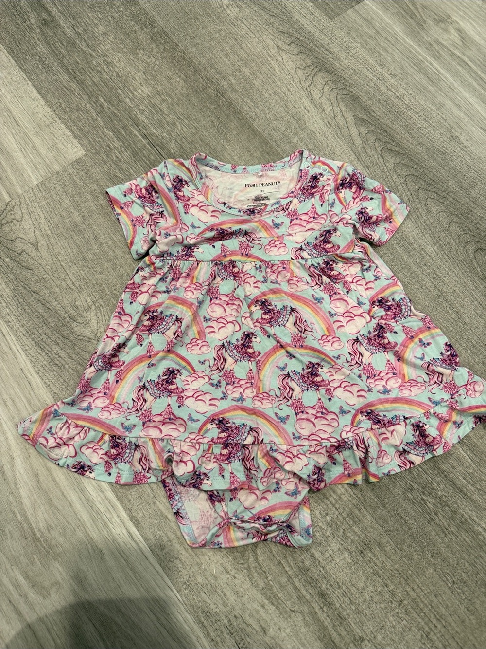 Posh Peanut Mint Dress Bodysuit with Pink Unicorns & Rainbows